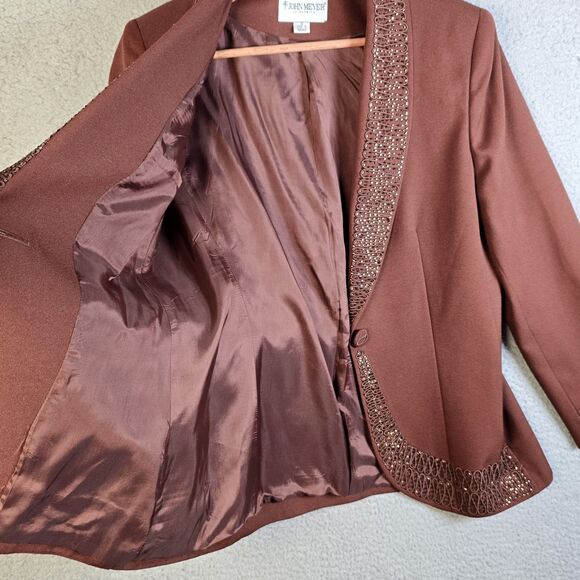 John Meyer Blazer 10 Brown Curved Hem Textured Trim Statement Collar Lined - Picture 10 of 16